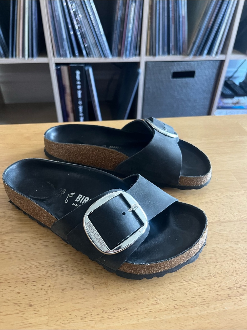 Birkenstock Madrid Black Leather Big Buckle Sandal